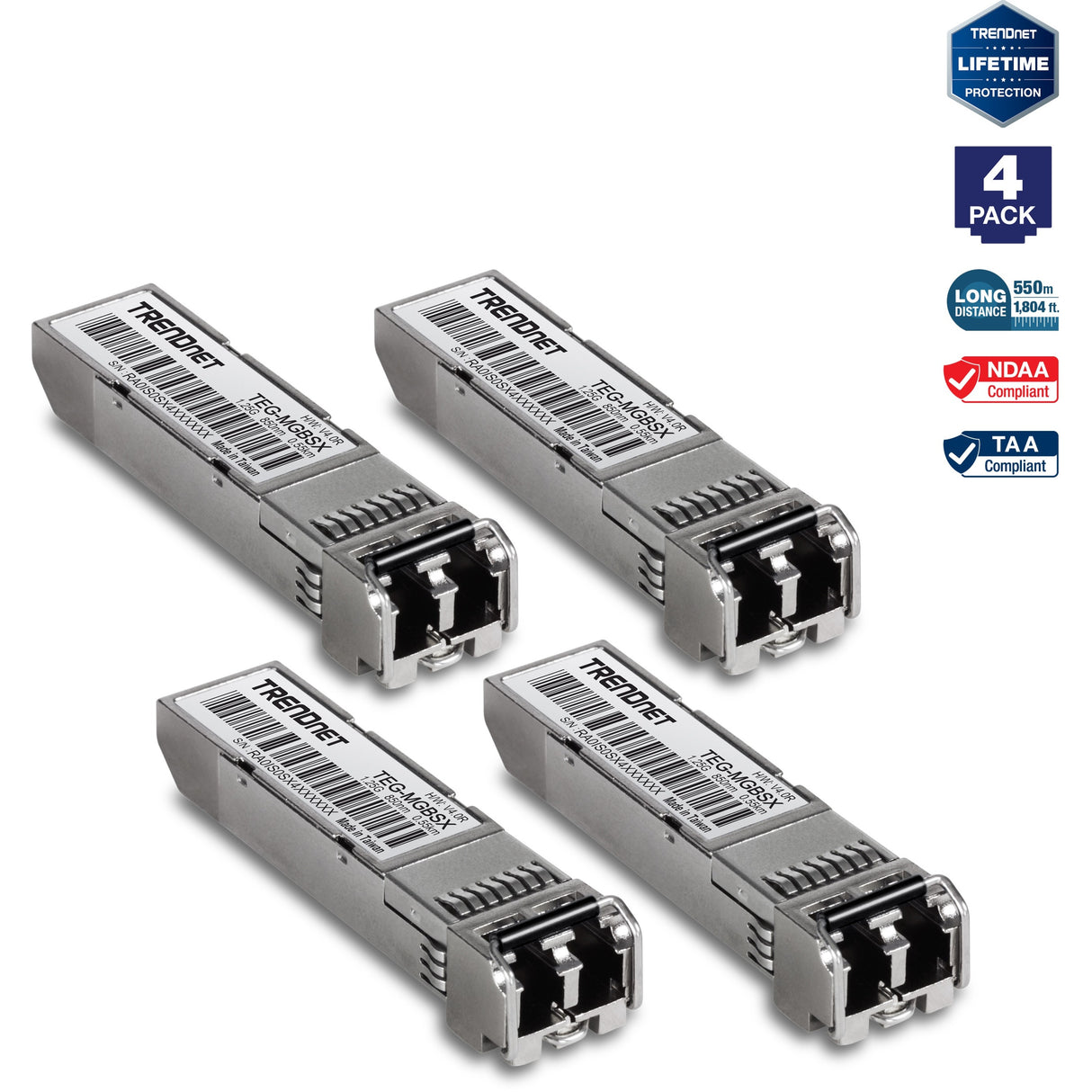 TRENDnet SFP Multi-Mode LC Module 4-Pack, TEG-MGBSX/4, Transmission Up to 550m (1804 Ft), Mini-GBIC, Hot Pluggable, IEEE 802.3z Gigabit Ethernet, Supports Up to 1.25 Gbps, Lifetime Protection — TEG-MGBSX/4