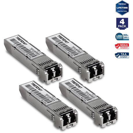 TRENDnet SFP Multi-Mode LC Module 4-Pack, TEG-MGBSX/4, Transmission Up to 550m (1804 Ft), Mini-GBIC, Hot Pluggable, IEEE 802.3z Gigabit Ethernet, Supports Up to 1.25 Gbps, Lifetime Protection — TEG-MGBSX/4
