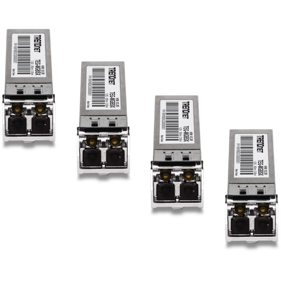 TRENDnet SFP Multi-Mode LC Module 4-Pack, TEG-MGBSX/4, Transmission Up to 550m (1804 Ft), Mini-GBIC, Hot Pluggable, IEEE 802.3z Gigabit Ethernet, Supports Up to 1.25 Gbps, Lifetime Protection — TEG-MGBSX/4
