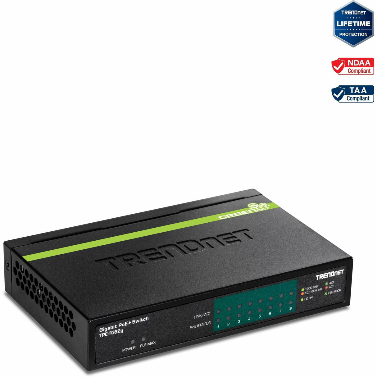 TRENDnet 8-Port GREENnet Gigabit PoE+ Switch, Supports PoE And PoE+ Devices, 61W PoE Budget, 16Gbps Switching Capacity, Data & Power Via Ethernet To PoE Access Points & IP Cameras, Black, TPE-TG82G — TPE-TG82g