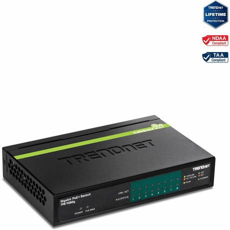 TRENDnet 8-Port GREENnet Gigabit PoE+ Switch, Supports PoE And PoE+ Devices, 61W PoE Budget, 16Gbps Switching Capacity, Data & Power Via Ethernet To PoE Access Points & IP Cameras, Black, TPE-TG82G — TPE-TG82g