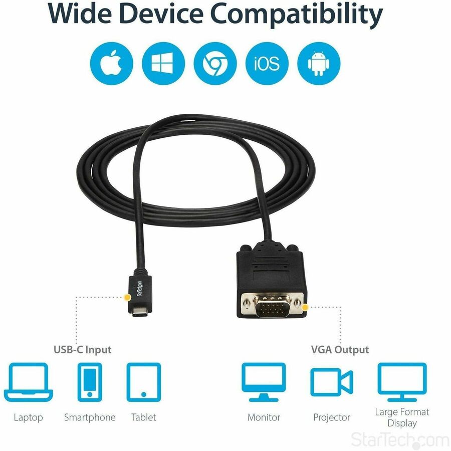 StarTech.com 6ft/2m USB C to VGA Cable - 1920x1200/1080p USB Type C DP Alt Mode to VGA Video Monitor Adapter Cable -Works w/ Thunderbolt 3 — CDP2VGAMM2MB