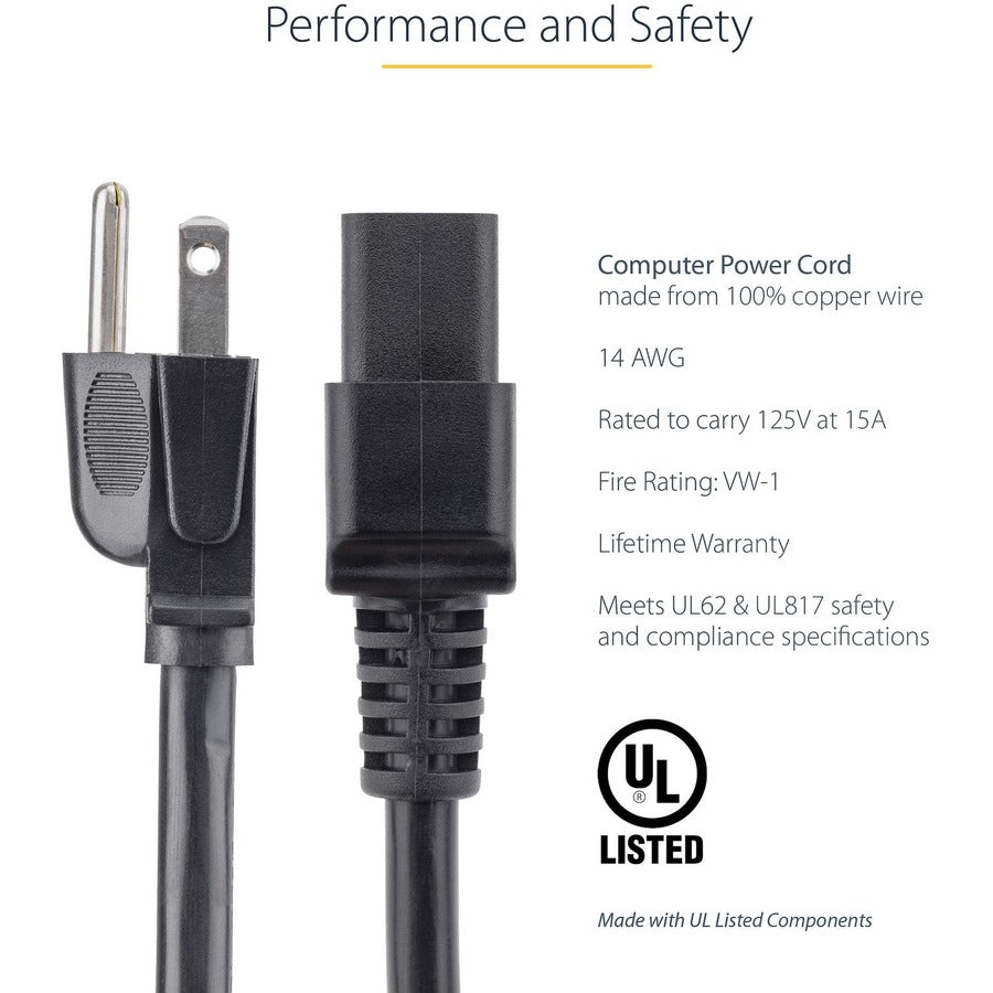 StarTech.com 10ft (3m) Heavy Duty Power Cord, NEMA 5-15P to C19, 15A 125V, 14AWG, Computer Power Cord, Heavy Gauge Power Cable — PXT515191410