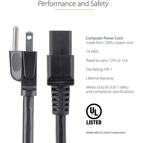 StarTech.com 10ft (3m) Heavy Duty Power Cord, NEMA 5-15P to C19, 15A 125V, 14AWG, Computer Power Cord, Heavy Gauge Power Cable — PXT515191410