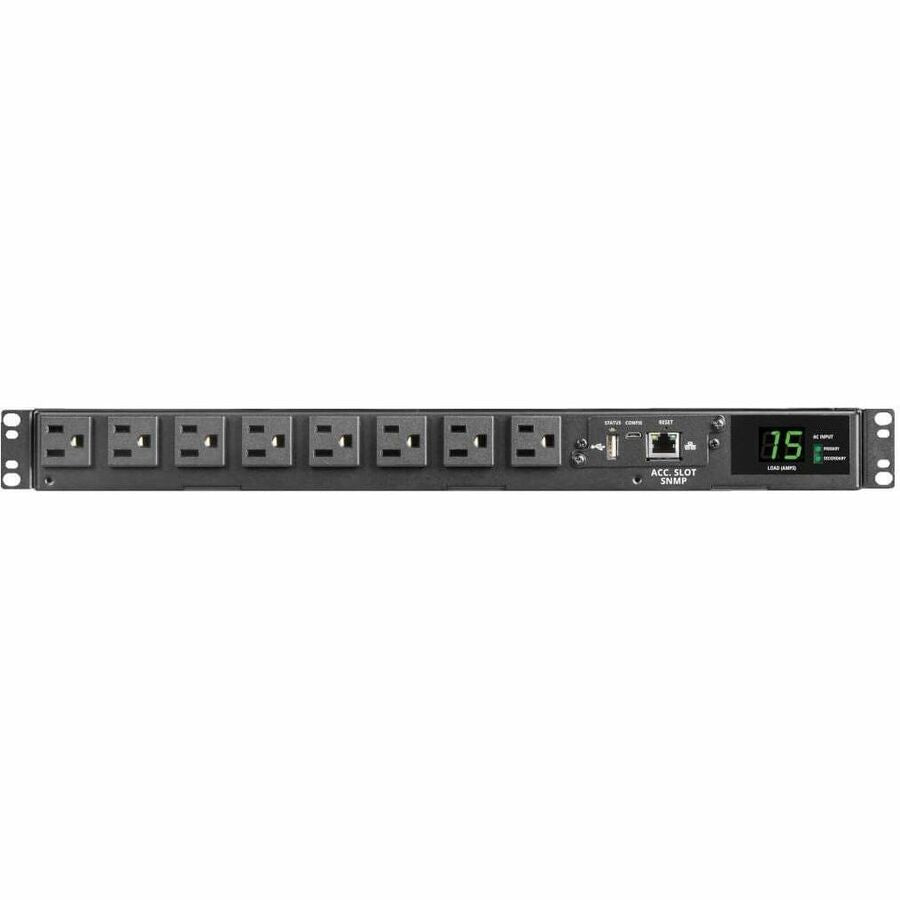 Eaton Tripp Lite Series 1.44kW 120V Single-Phase ATS/Monitored PDU - 8 NEMA 5-15R Outlets, Dual 5-15P Inputs, 12 ft. Cords, 1U, TAA — PDUMNH15AT1
