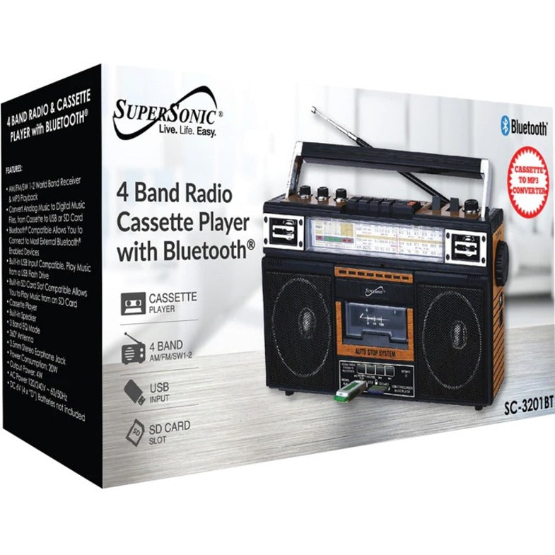 Supersonic 4 Band Radio & Cassette Player + Cassette To Mp3 Converter & Bluetooth — SC-3201BTWOOD
