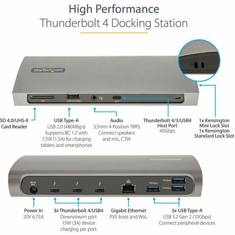 StarTech.com Thunderbolt 4 Dock, 96W Power Delivery, Single 8K / Dual Monitor 4K 60Hz, 3x TB4/USB4 ports, 4x USB-A, SD, GbE, 0.8m cable — TB4CDOCK