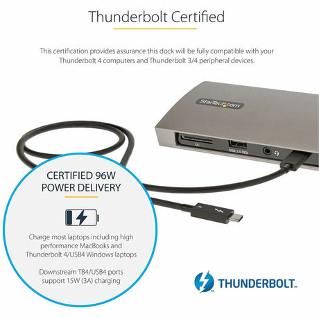 StarTech.com Thunderbolt 4 Dock, 96W Power Delivery, Single 8K / Dual Monitor 4K 60Hz, 3x TB4/USB4 ports, 4x USB-A, SD, GbE, 0.8m cable — TB4CDOCK