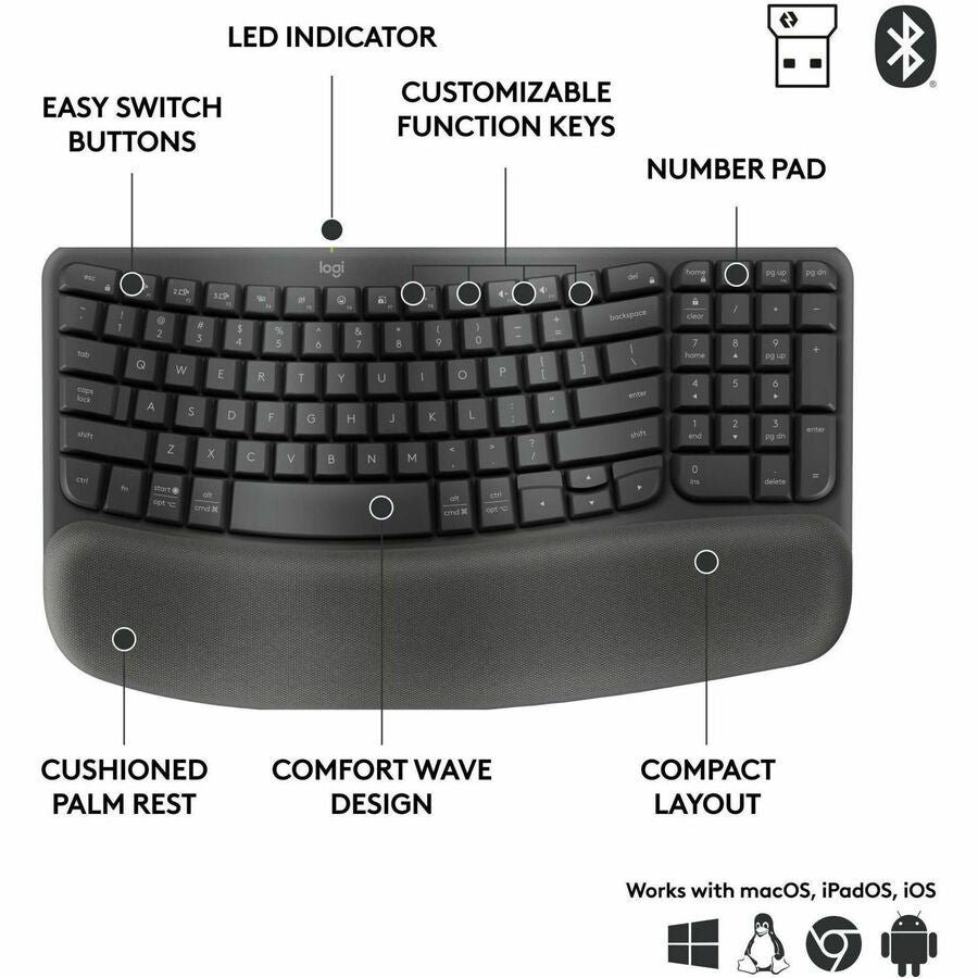 Logitech Wave Keys for Business, Wireless Ergonomic Keyboard with Cushioned Palm Rest, Logi Bolt, Graphite — 920-012058