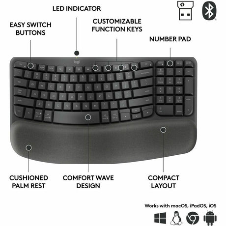Logitech Wave Keys for Business, Wireless Ergonomic Keyboard with Cushioned Palm Rest, Logi Bolt, Graphite — 920-012058