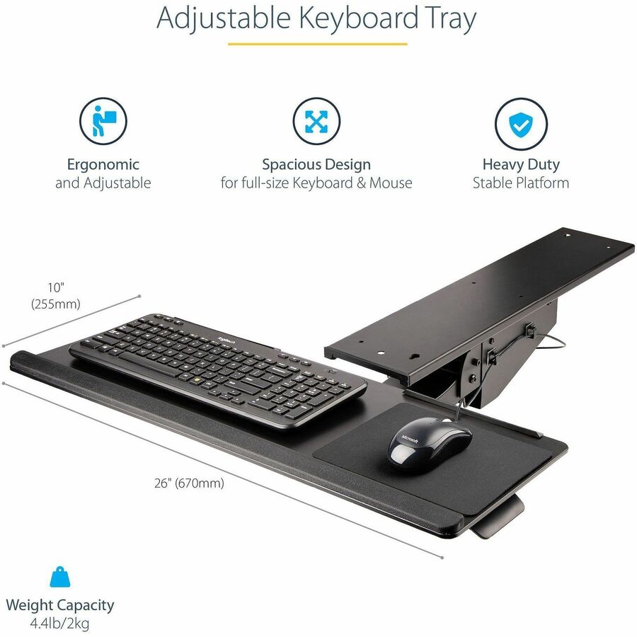 StarTech.com Under Desk Keyboard Tray, Height Adjustable Keyboard and Mouse Tray (10" x 26"), Ergonomic Computer Keyboard Tray w/Mouse Pad — KBTRAYADJ2