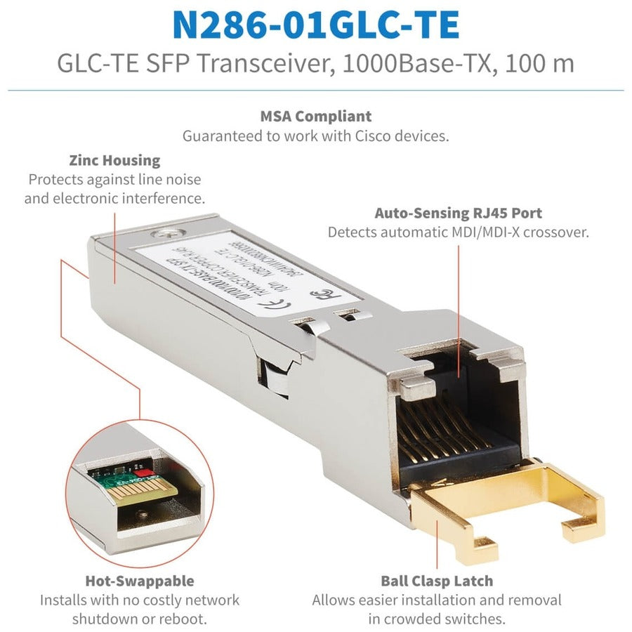Eaton Tripp Lite Series Cisco-Compatible GLC-TE SFP Transceiver - 10/100/1000Base-TX, Copper, RJ45, Cat6, 328.08 ft. (100 m) — N286-01GLC-TE