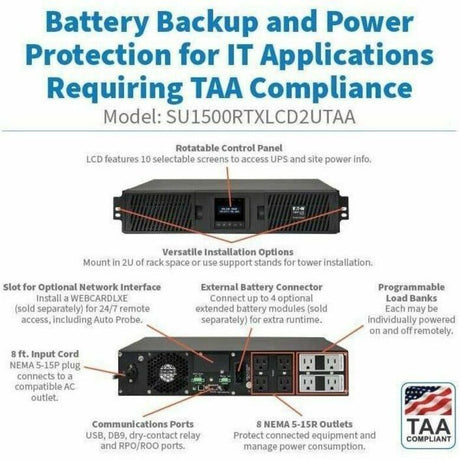 Eaton Tripp Lite Series SmartOnline 1500VA 1350W 120V Double-Conversion Sine Wave UPS - 8 Outlets, Extended Run, Network Card Option, LCD, USB, DB9, 2U Rack/Tower, TAA — SU1500RTXLCD2UTAA