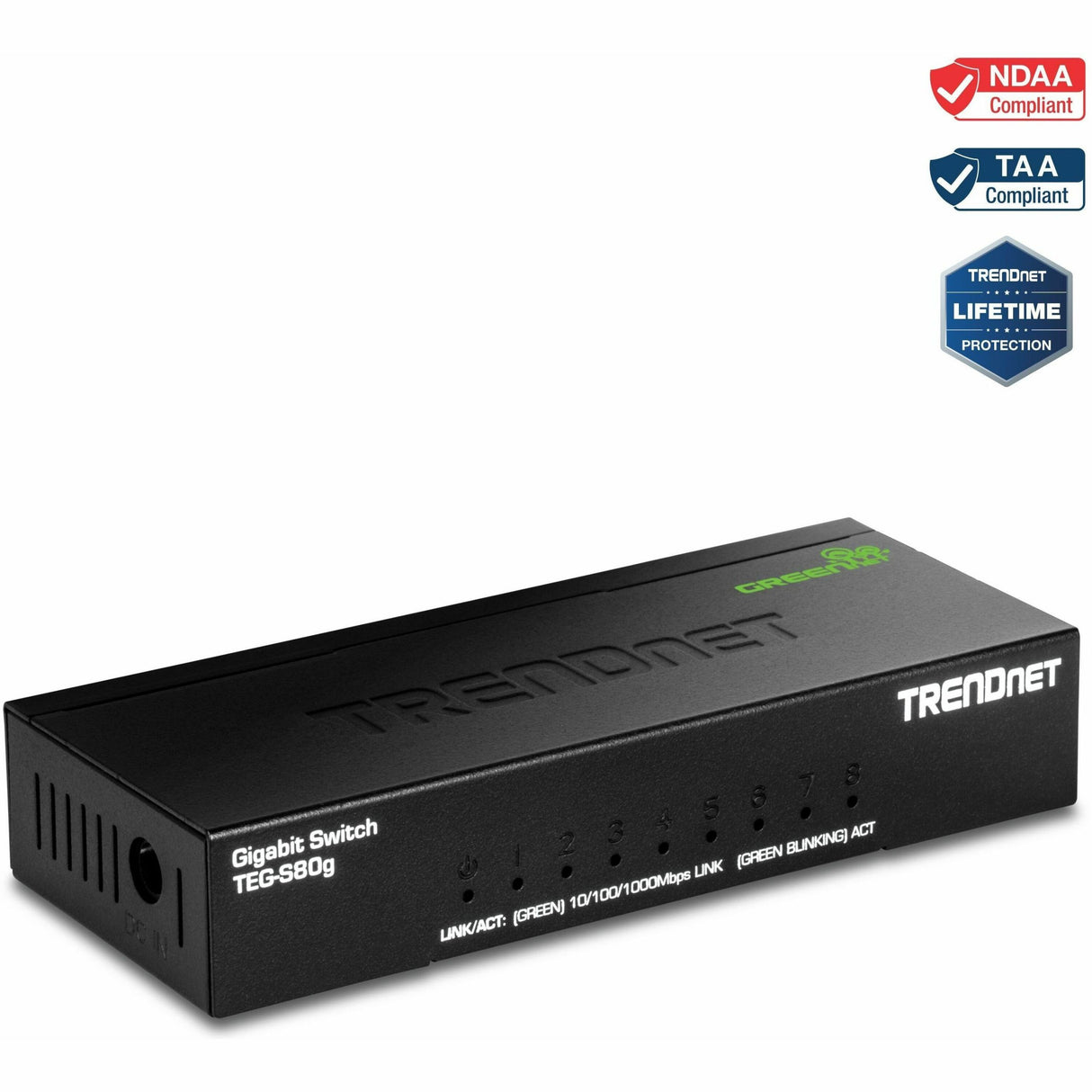 TRENDnet 8-Port Mini Gigabit Switch, TEG-S80g, GREENnet Technology, NDAA + TAA Compliant, Desktop Metal Ethernet Network Switch, 8 x Gigabit Ports, Fanless, Lifetime Protection, Black — TEG-S80G