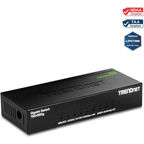 TRENDnet 8-Port Mini Gigabit Switch, TEG-S80g, GREENnet Technology, NDAA + TAA Compliant, Desktop Metal Ethernet Network Switch, 8 x Gigabit Ports, Fanless, Lifetime Protection, Black — TEG-S80G