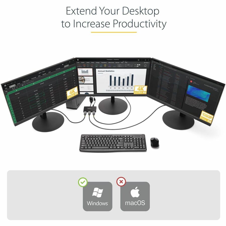 StarTech.com 3-Port DisplayPort 1.2 Splitter, DisplayPort to 3x DP Multi-Monitor Adapter, Dual 4K 30Hz and 1080p Computer MST Hub, Windows — MSTDP123DP