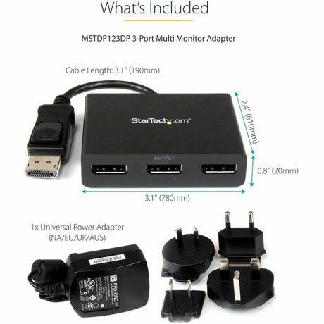 StarTech.com 3-Port DisplayPort 1.2 Splitter, DisplayPort to 3x DP Multi-Monitor Adapter, Dual 4K 30Hz and 1080p Computer MST Hub, Windows — MSTDP123DP
