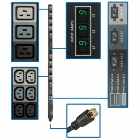 Eaton Tripp Lite Series 8.6kW 3-Phase Local Metered PDU, 208/120V Outlets (36 C13, 6 C19, 6 5-15/20R), 208V L21-30P, 6 ft. (1.83 m) Cord, 0U Vertical, TAA — PDU3MV6L2130