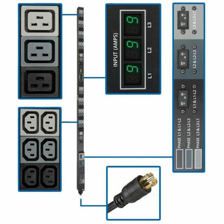 Eaton Tripp Lite Series 8.6kW 3-Phase Local Metered PDU, 208/120V Outlets (36 C13, 6 C19, 6 5-15/20R), 208V L21-30P, 6 ft. (1.83 m) Cord, 0U Vertical, TAA — PDU3MV6L2130
