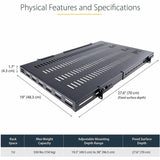 StarTech.com 1U 4-Post 19.5 to 38in Adjustable Mounting Depth Vented Rack Mount Shelf - Heavy Duty Fixed Rack Shelf - 330lbs / 150kg - 27.5in Deep — ADJSHELFHDV