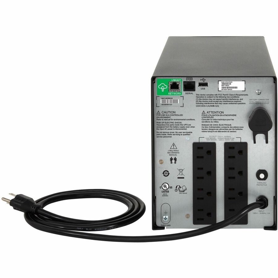 APC Smart-UPS C, Line Interactive, 1440VA, Tower, 120V, 8x NEMA 5-15R outlets, SmartConnect port, USB and Serial communication, AVR, Graphic LCD — SMC1500C