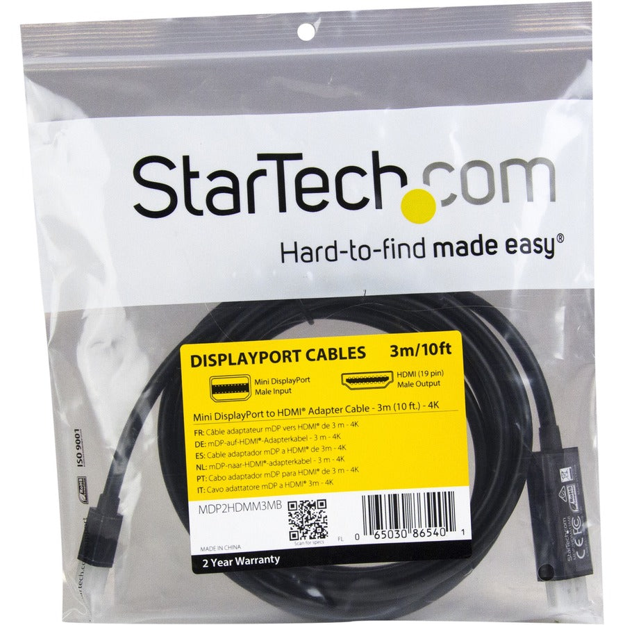 StarTech.com 10ft (3m) Mini DisplayPort to HDMI Cable, 4K 30Hz Video, Mini DP to HDMI Adapter/Converter Cable, mDP to HDMI Monitor/Display — MDP2HDMM3MB