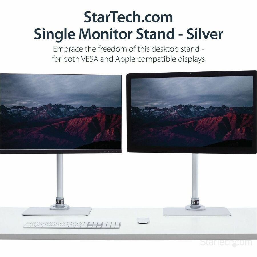 StarTech.com Single Monitor Stand, For up to 34" (30.9lb/14kg) VESA Mount Monitors, Works with iMac / Apple Cinema Displays, Steel, Silver — ARMPIVSTND