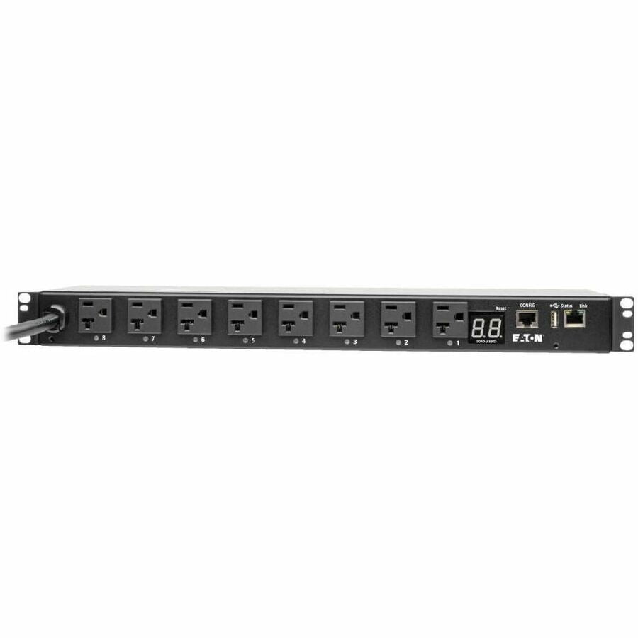 Eaton 1.9kW Single-Phase Switched PDU, LX Interface, 120V Outlets (8 5-15/20R), NEMA L5-20P/5-20P input, 12 ft. (3.66 m) Cord, 1U Rack, TAA — PDUMH20NET2LX