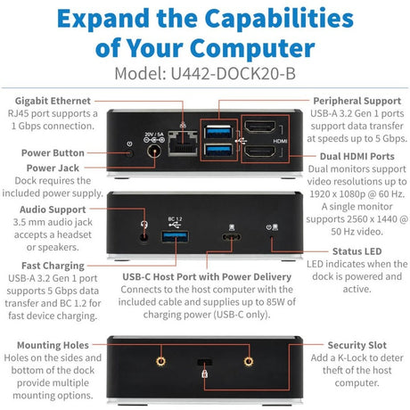 Eaton Tripp Lite Series USB-C Dock, Dual Display - Dual HDMI, USB 3.x (5Gbps) Hub, GbE, 3.5 mm, 85W PD Charging — U442-DOCK20-B