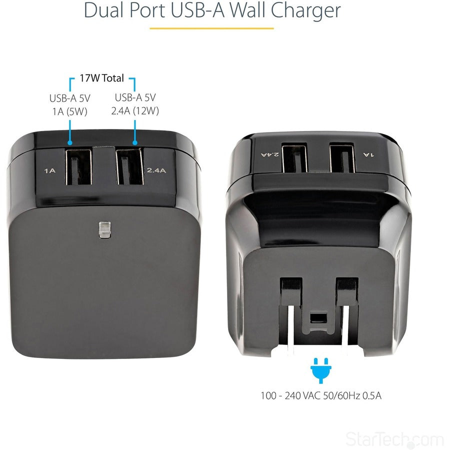 StarTech.com 2 Port USB Wall Charger, 17W Wall Charger Hub (2.4A & 1A port), Dual USB-A Power Adapter, Portable Charger for Phones/Tablets — USB2PACUBK