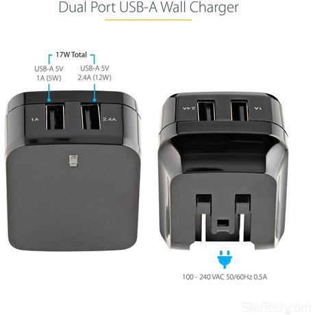 StarTech.com 2 Port USB Wall Charger, 17W Wall Charger Hub (2.4A & 1A port), Dual USB-A Power Adapter, Portable Charger for Phones/Tablets — USB2PACUBK