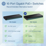 TRENDnet 16-Port Gigabit PoE+ Switch, 16 x Gigabit PoE+ Ports, 120W PoE Budget, Up to 30W Per Port, 1U 19" Rackmount Brackets Included, Fanless, Lifetime Protection, Black, TPE-TG161H