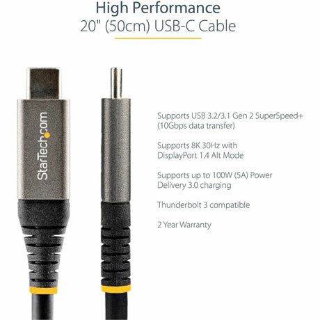 StarTech.com 20" 50cm USB C Cable 10Gbps, USB 3.1 Type-C Cable, 5A/100W, DP Alt Mode, USB-C Cord for USB-C Laptop/Phone/Device — USB31CCV50CM