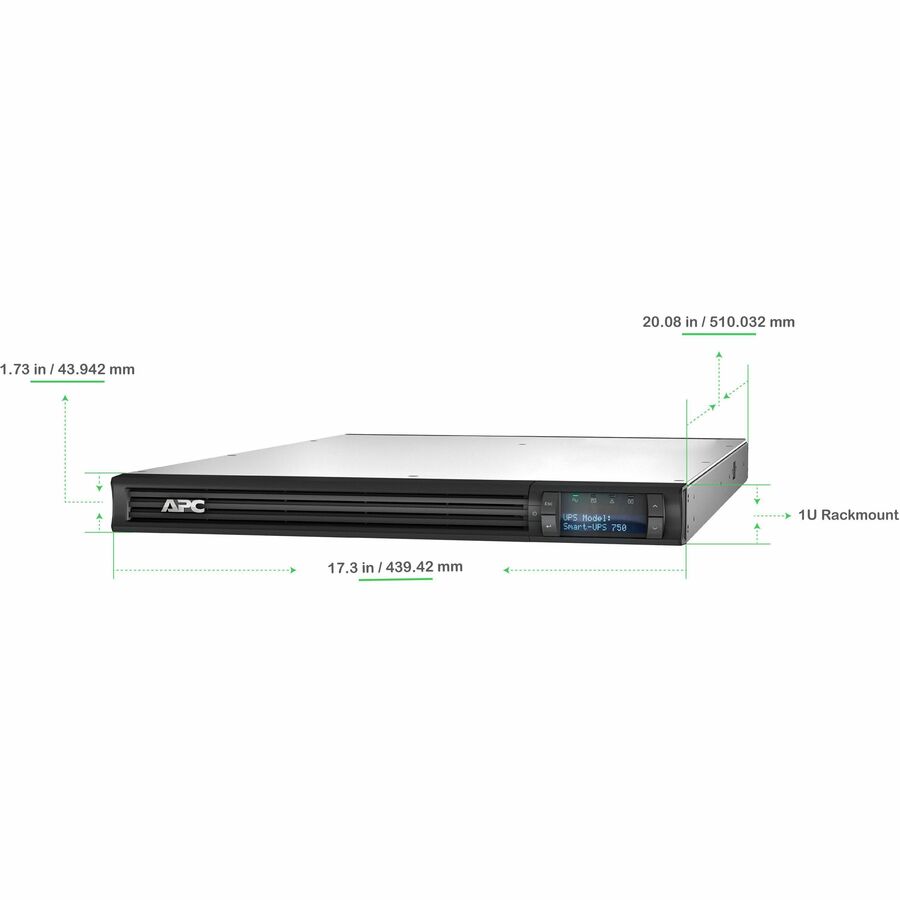 APC Smart-UPS, Line Interactive, 750 VA, LCD, Rackmount 1U, 120V, 4x NEMA 5-15R outlet, USB, AVR, Short Depth — SMT750RM1U
