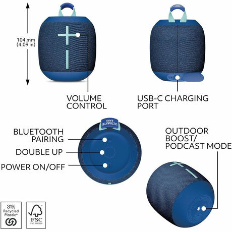Ultimate Ears WONDERBOOM 4 Portable Waterproof Bluetooth Speaker With Big Bass and 360-Degree Sound, Dustproof Floating Speaker With 131ft (40m) Range, Blue — 984-001877