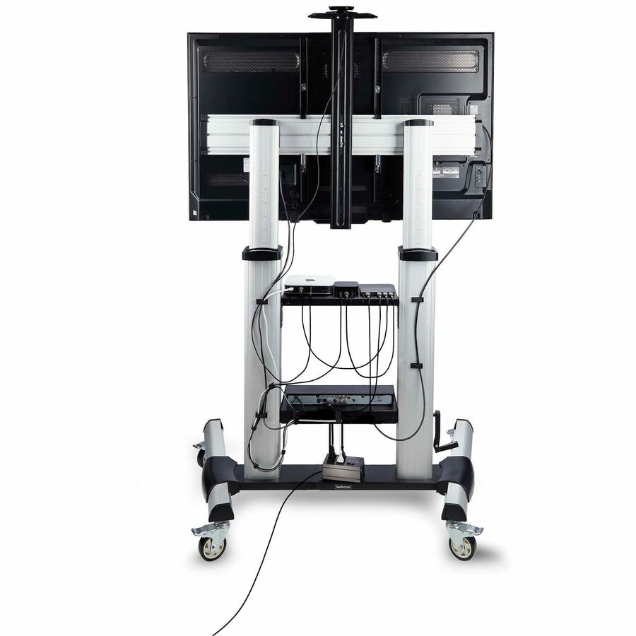 StarTech.com Rolling TV Cart/Stand On Wheels, For 60-100inch Flat Screens and 220lb, Height Adjustable Mobile Trolley Mount/Portable Stand — 1110C-MOBILE-TV-CART