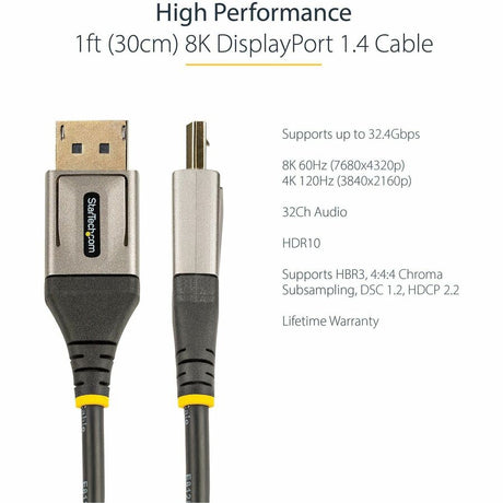StarTech.com 1ft (30cm) DisplayPort 1.4 Cable, 8K 60Hz HDR10, UHD 4K 120Hz Video, DP to DP Monitor Cord, DP 1.4 Cable, M/M — DP14VMM1F