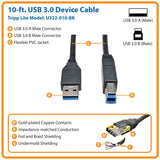Eaton Tripp Lite Series USB 3.2 Gen 1 SuperSpeed Device Cable (A to B M/M) Black, 10 ft. (3.05 m) — U322-010-BK