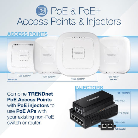TRENDnet 65W 4-Port Gigabit PoE+ Injector, TPE-147GI, 4 x Gigabit Ports(Data in), 4 x gigabit PoE Ports(Data + PoE Out), Multi-Port PoE+ Injector up to 100m(328 ft.), Add PoE+ Power to Non-PoE Switch — TPE-147GI