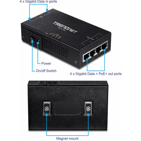 TRENDnet 65W 4-Port Gigabit PoE+ Injector, TPE-147GI, 4 x Gigabit Ports(Data in), 4 x gigabit PoE Ports(Data + PoE Out), Multi-Port PoE+ Injector up to 100m(328 ft.), Add PoE+ Power to Non-PoE Switch — TPE-147GI