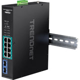TRENDnet 10-Port Industrial Gigabit PoE+ Switch, WideTemperature Range -20&deg; - 65&deg;C (-4&deg; - 149&deg;F), DIN Rail Switch, 50-55V DC, 8 x Gigabit PoE+ Ports, 2 x Gigabit SFP Slots, TI-PGM102, Black — TI-PGM102