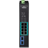 TRENDnet 10-Port Industrial Gigabit PoE+ Switch, WideTemperature Range -20&deg; - 65&deg;C (-4&deg; - 149&deg;F), DIN Rail Switch, 50-55V DC, 8 x Gigabit PoE+ Ports, 2 x Gigabit SFP Slots, TI-PGM102, Black — TI-PGM102
