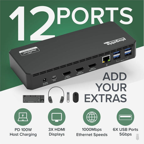 Plugable USB C Triple Display Docking Station with Laptop Charging, for Thunderbolt, USB4, or USB C Systems, Compatible with Windows, macOS, ChromeOS laptops — UD-3900PDZ