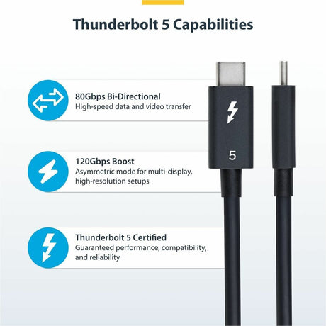StarTech.com 1.5ft (50cm) Thunderbolt 5 Cable, 80Gbps/120Gbps, 240W PD, 8K 60Hz, Certified Thunderbolt Cable, Compatible w/TB4/USB-C — TBLT5MM50CM240W