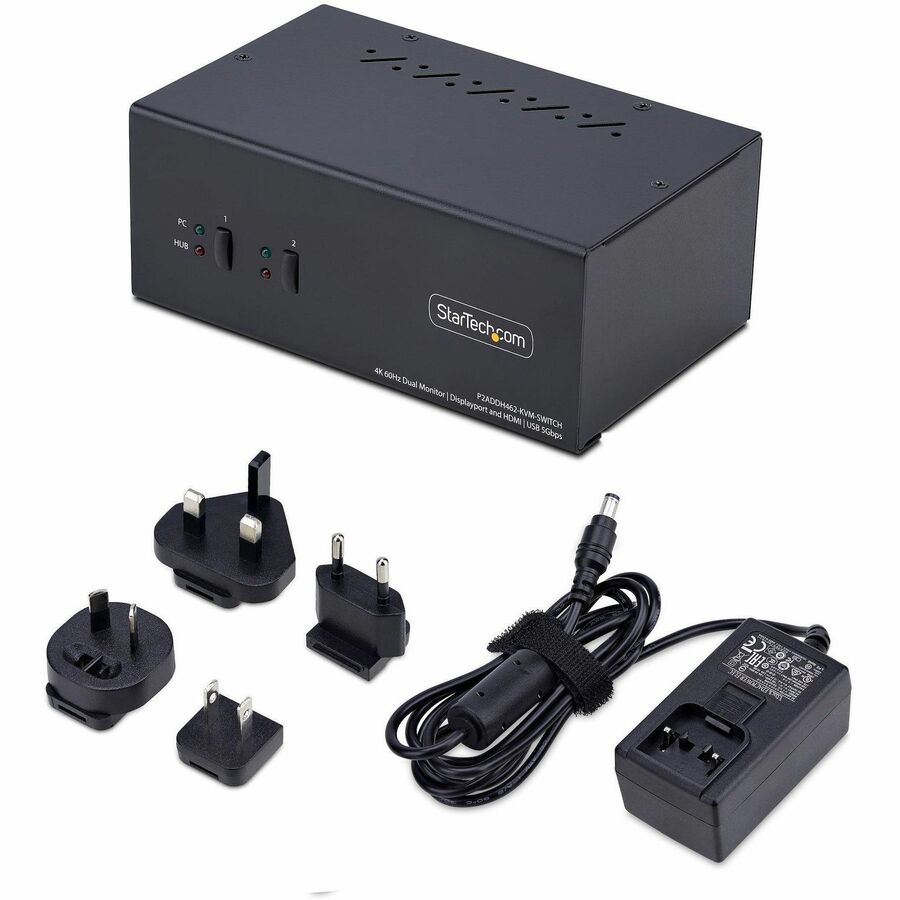 StarTech.com 2-Port Dual-Monitor DisplayPort and HDMI KVM Switch, 4K 60Hz, 2-Port USB 5Gbps Hub, 2x USB HID Ports, Hotkeys, TAA Compliant — P2ADDH462-KVM-SWITCH