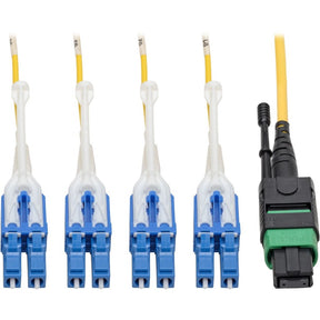 Eaton Tripp Lite Series MTP/MPO (APC) to 4xLC (UPC) Singlemode Breakout Patch Cable, 40/100 GbE, QSFP+ 40GBASE-PLR4, Plenum, Yellow, 3 m (10 ft.) — N390-03M-8LC-AP