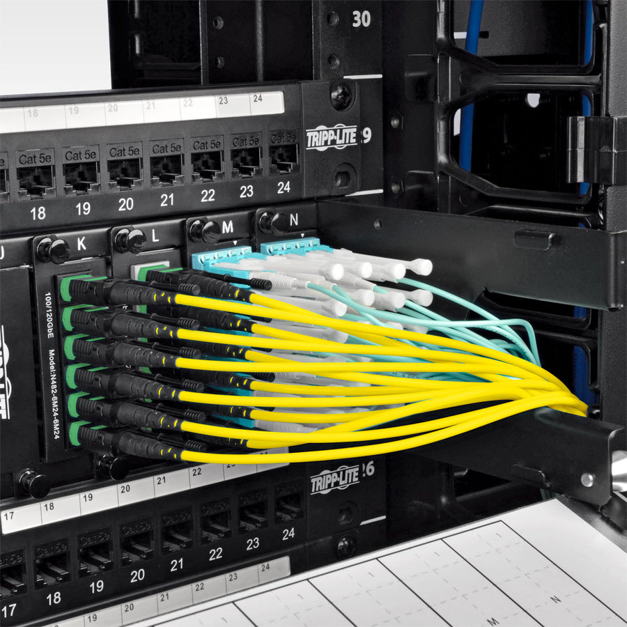 Eaton Tripp Lite Series MTP/MPO (APC) to 4xLC (UPC) Singlemode Breakout Patch Cable, 40/100 GbE, QSFP+ 40GBASE-PLR4, Plenum, Yellow, 3 m (10 ft.) — N390-03M-8LC-AP
