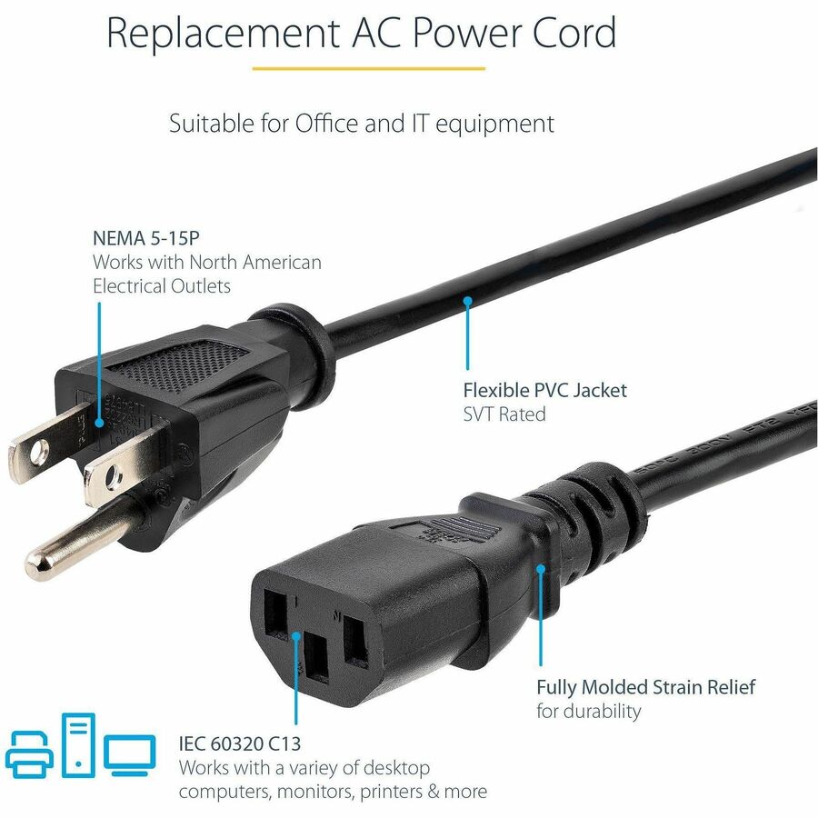 StarTech.com 6ft 1(1.8m) Computer Power Cord, NEMA 5-15P to C13, 10A 125V, 18AWG, Black Replacement AC PC Power Cord, TV/Monitor Power Cable — PXT101