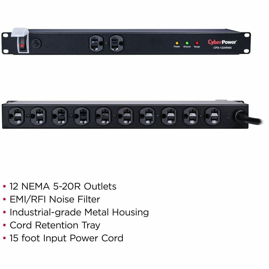 CyberPower CPS1220RMS Rackbar 12 - Outlet Surge Protector with 1800 J Surge Suppression — CPS-1220RMS