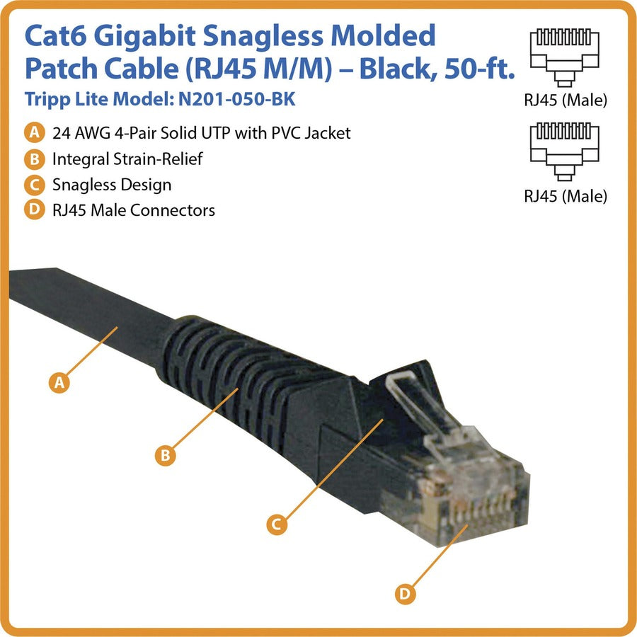 Eaton Tripp Lite Series Cat6 Gigabit Snagless Molded (UTP) Ethernet Cable (RJ45 M/M), PoE, Black, 50 ft. (15.24 m) — N201-050-BK